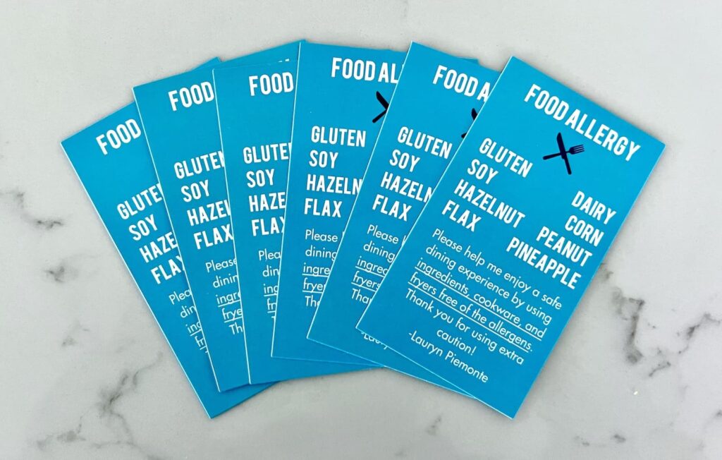 Food allergy cards for gluten, dairy, soy, corn, hazelnut, peanut, pineapple, and flax allergies.